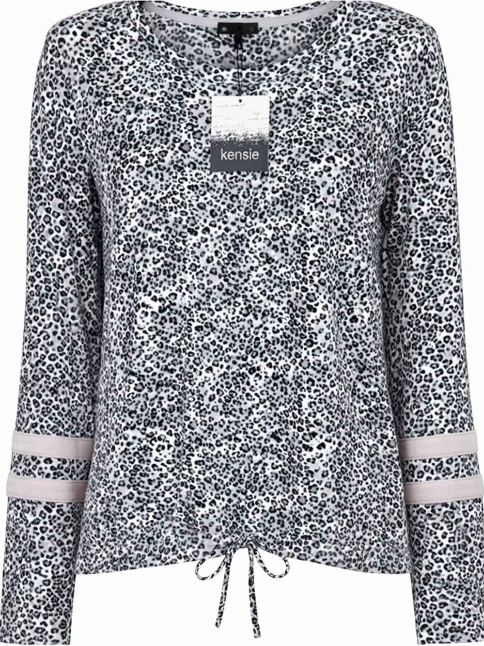 KENSIE Size Medium Black & Gray Leopard-Print Long Sleeve Drawstring Top - Picture 1 of 7